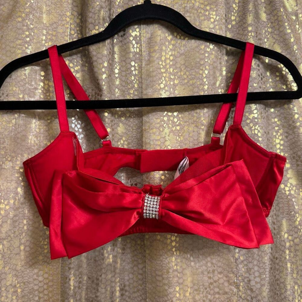 Victorias Secret Wicked Red Rhinestone Satin Bow Dream Angels Push Up Bra 36D
